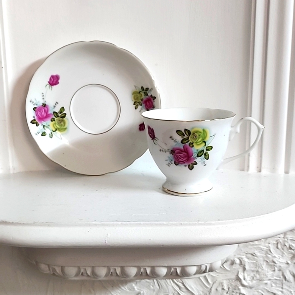 Vintage Bone China Pink and yellow Roses Teacup & Saucer -1970s